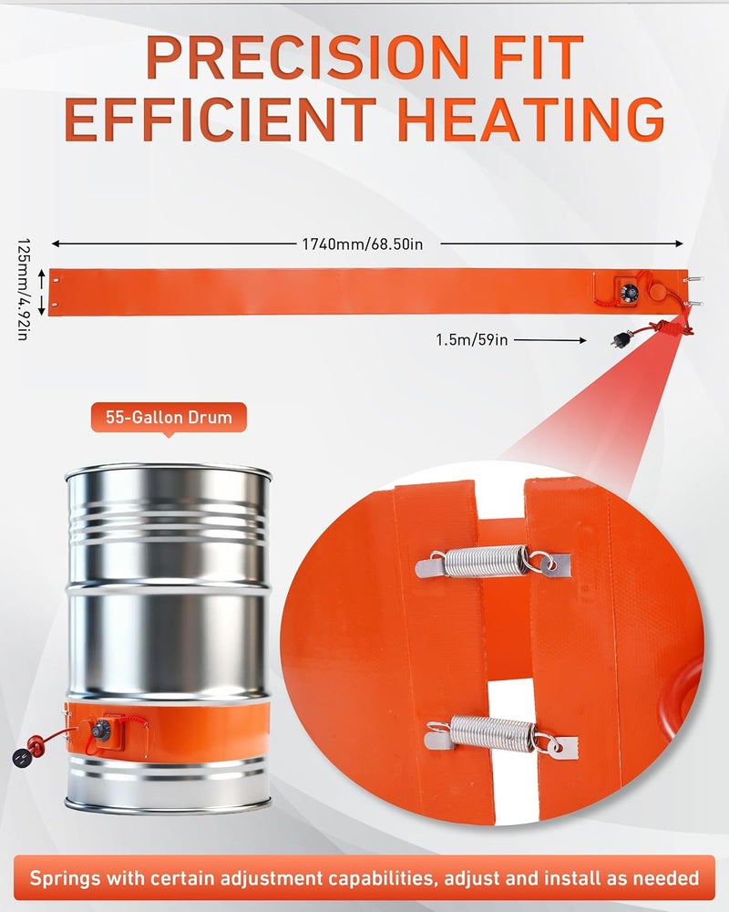 Fatio 55 Gallon Drum Heater, 110V 1000W Insulated Band Heater for 55 Gal Barrel, 70in*5in Bucket Warmer with Temperature Controller(86℉-302℉）, Silicone Rubber - Image 2